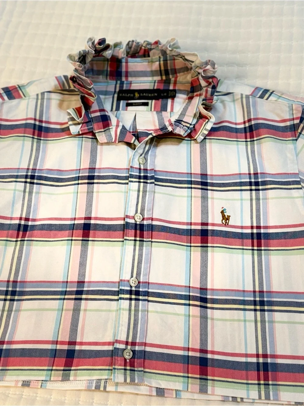 Upcycled Polo by Ralph Lauren Pastel Pink & Blue Plaid Button-Down Crop Shirt - Picture 7 of 9